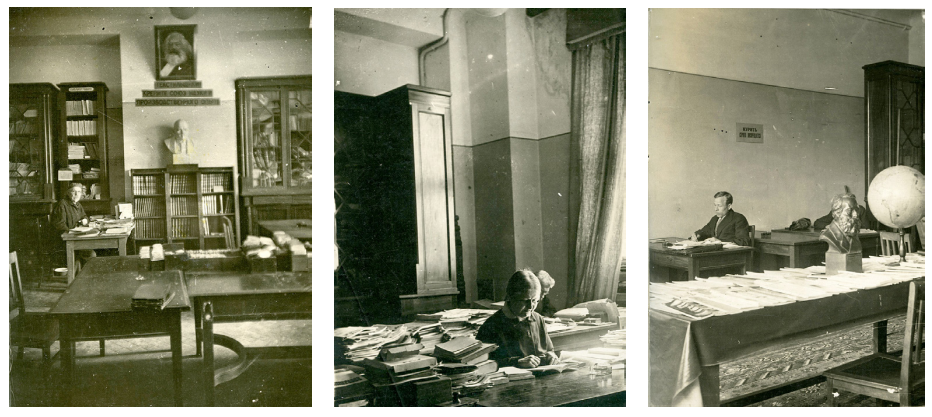 Рис. 8. Фотографии библиотеки и читального зала. 1934 г.16 Fig. 8. Photos of the library and the reading room. 1934