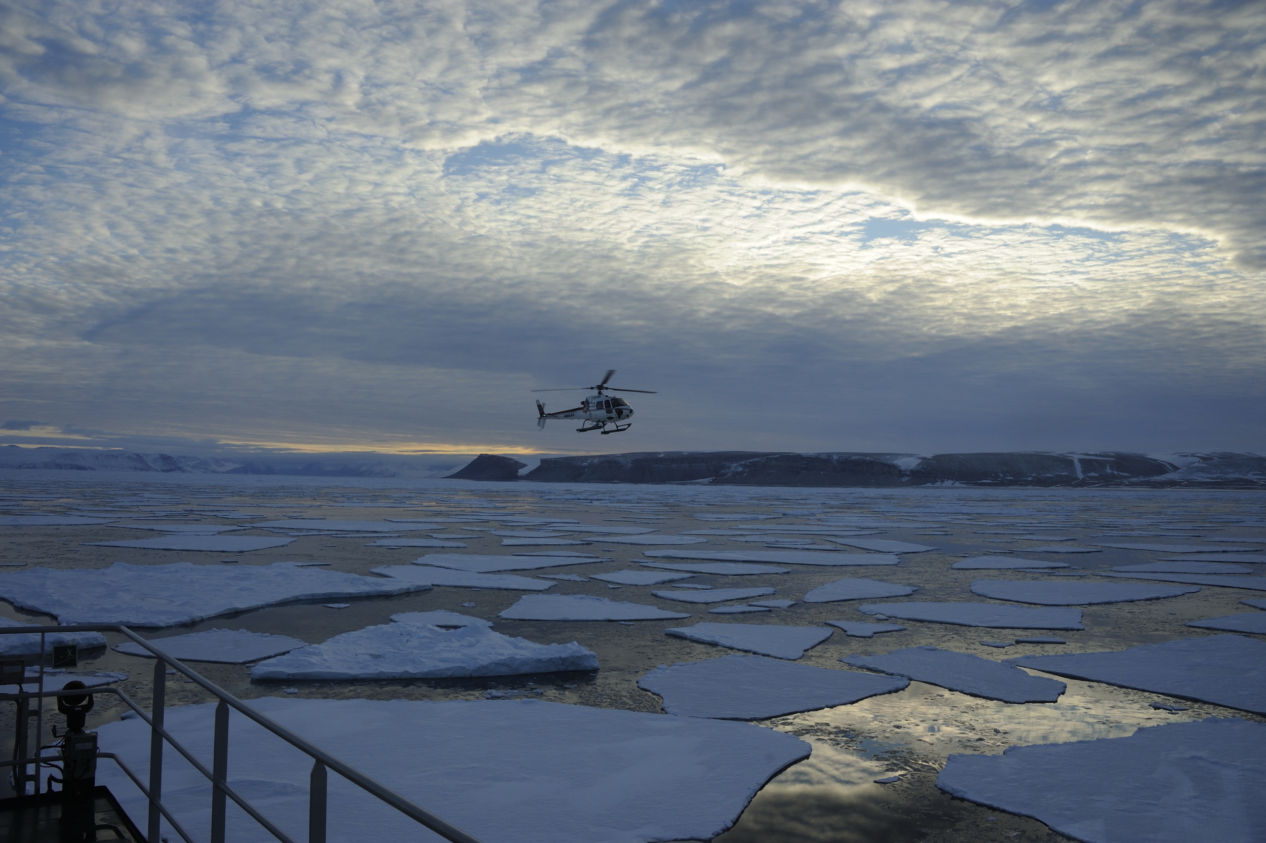 Вертолет заходит на посадку после вечернего рейса в поисках китов